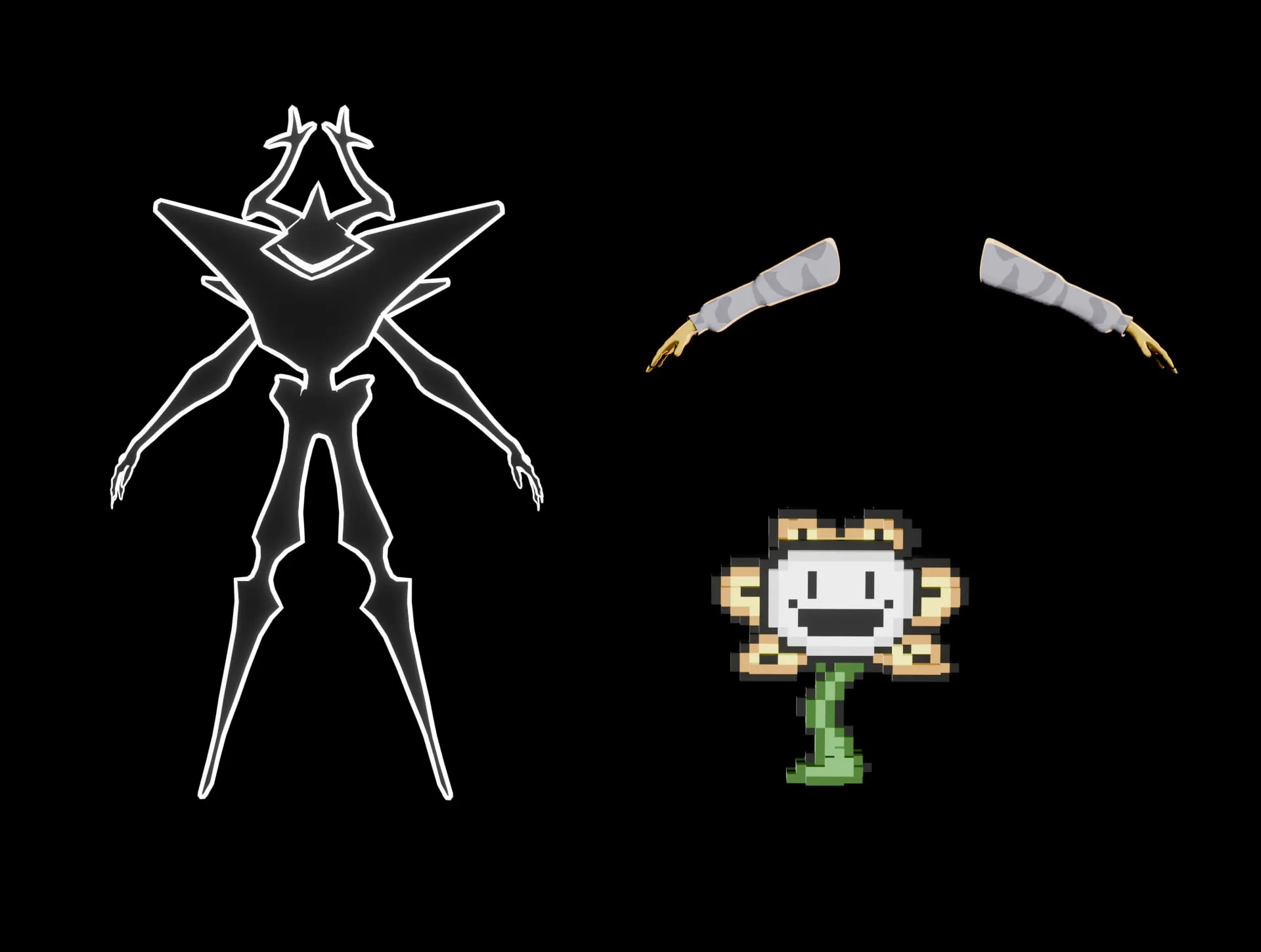 Le Roaring Knight, les bras et Flowey côte à côte, en wireframe puis en rendu final — Rendu