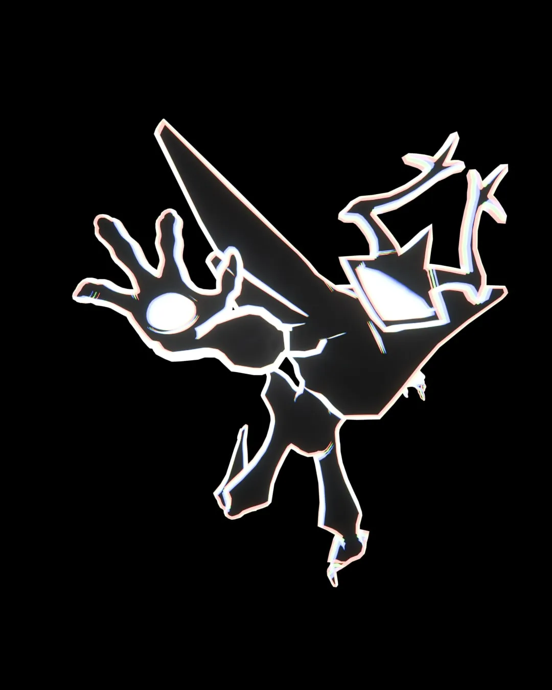 Le Roaring Knight, main tendue vers la caméra, contour blanc lumineux sur fond noir