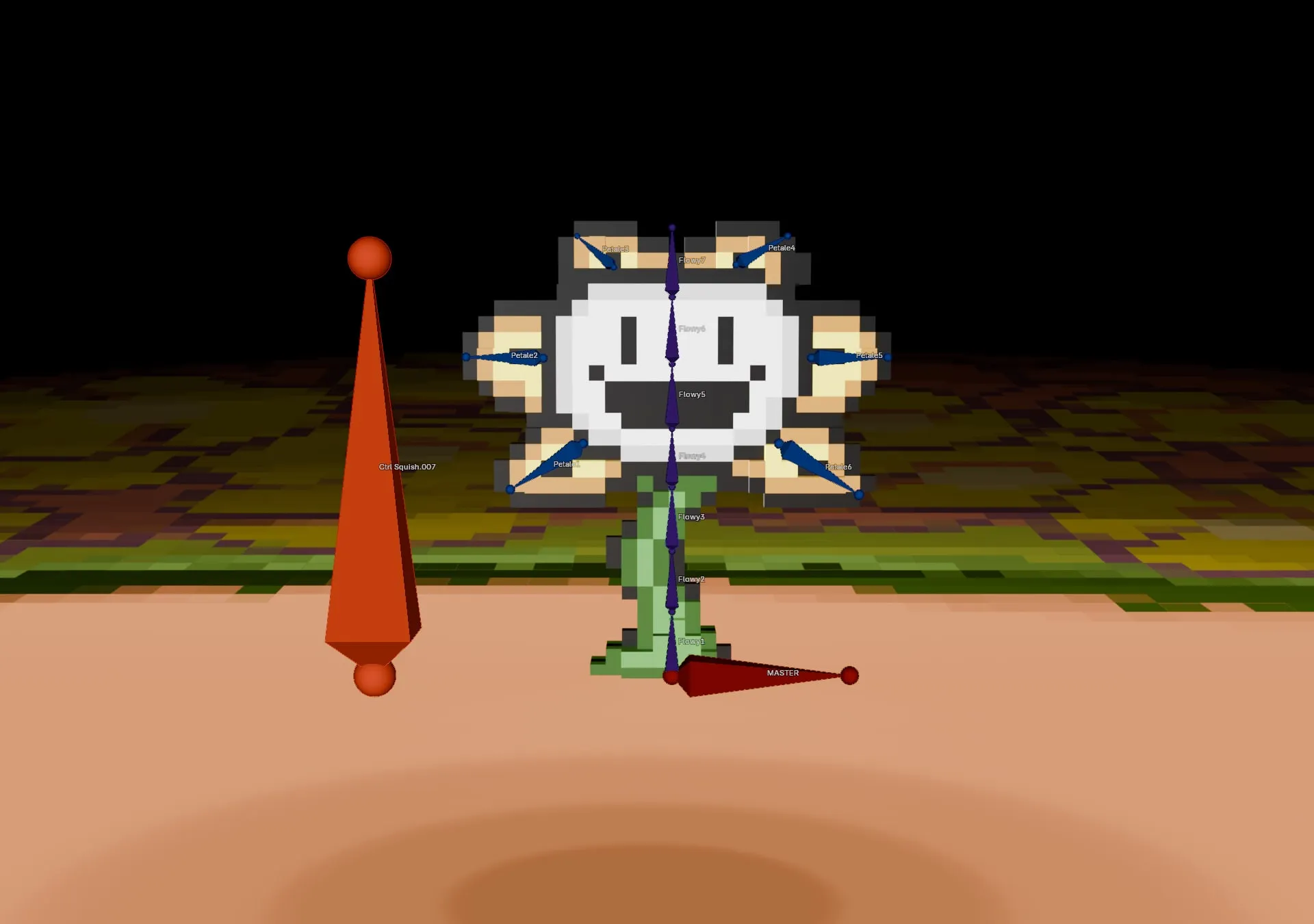 Flowey avec les os de sa tige et de ses pétales, et un contrôleur d'écrasement orange