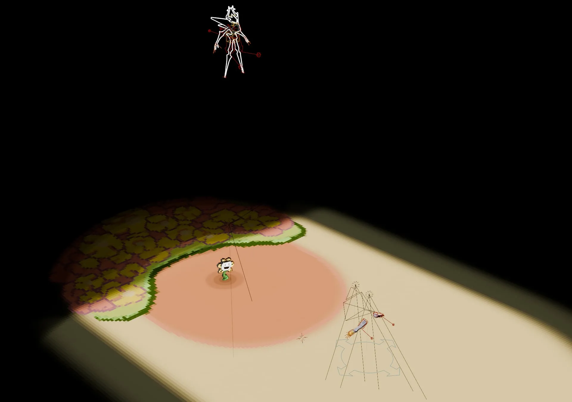 Vue d'ensemble de la scène dans Blender, le chevalier en hauteur, Flowey sur le sol des Ruines et les bras près des caméras