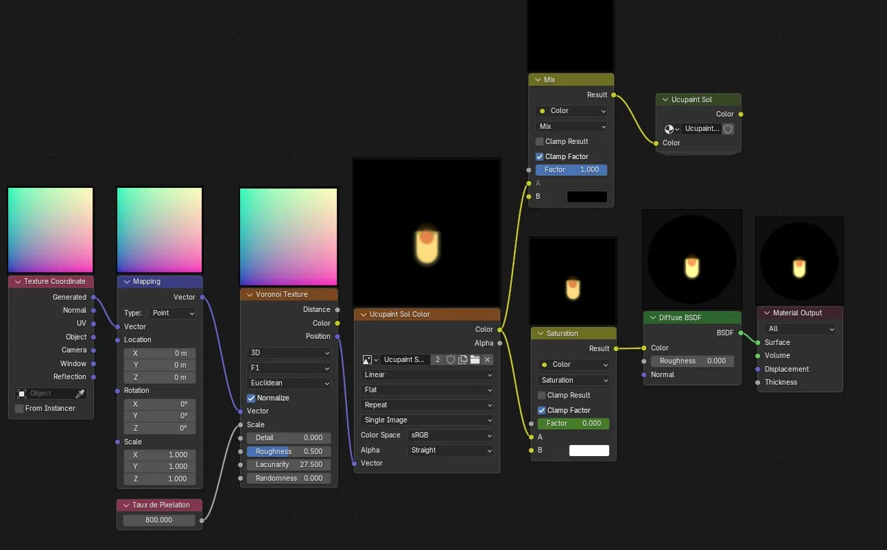 Arbre de nœuds du shader de pixelisation dans Blender, autour d'une texture Voronoi