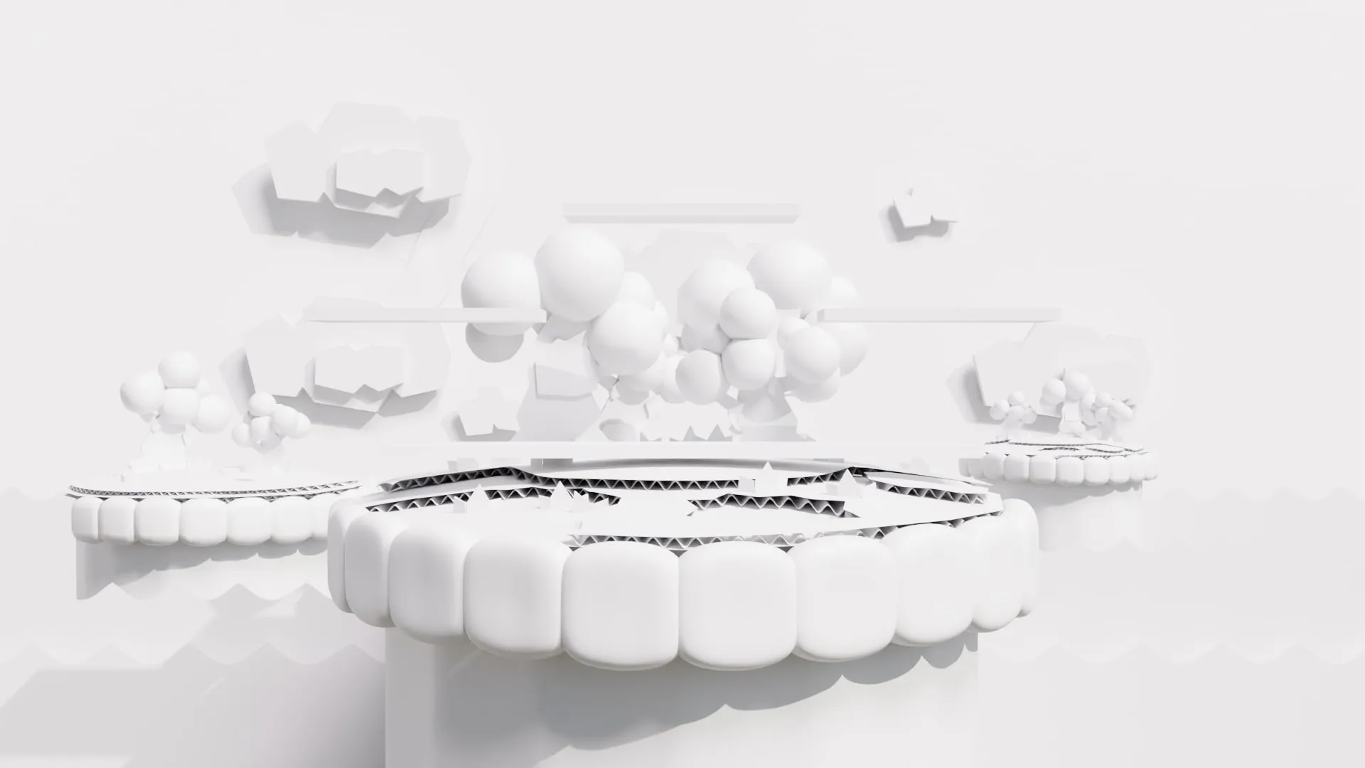 Le stage vu de face, en wireframe puis en passe d'occlusion ambiante, tout en blanc — Occlusion
