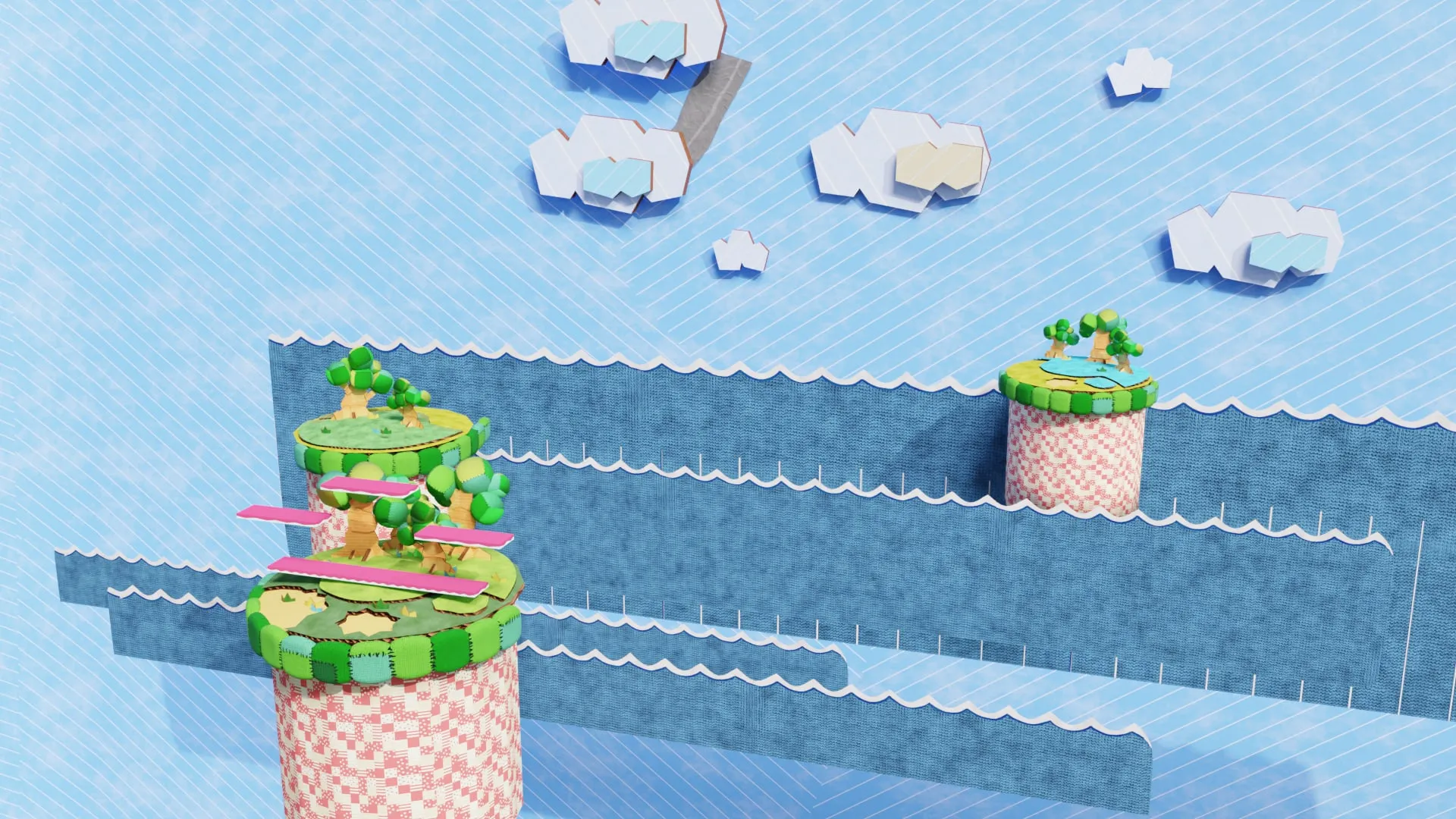 Le décor vu de côté, les vagues et le ciel peints en aplats