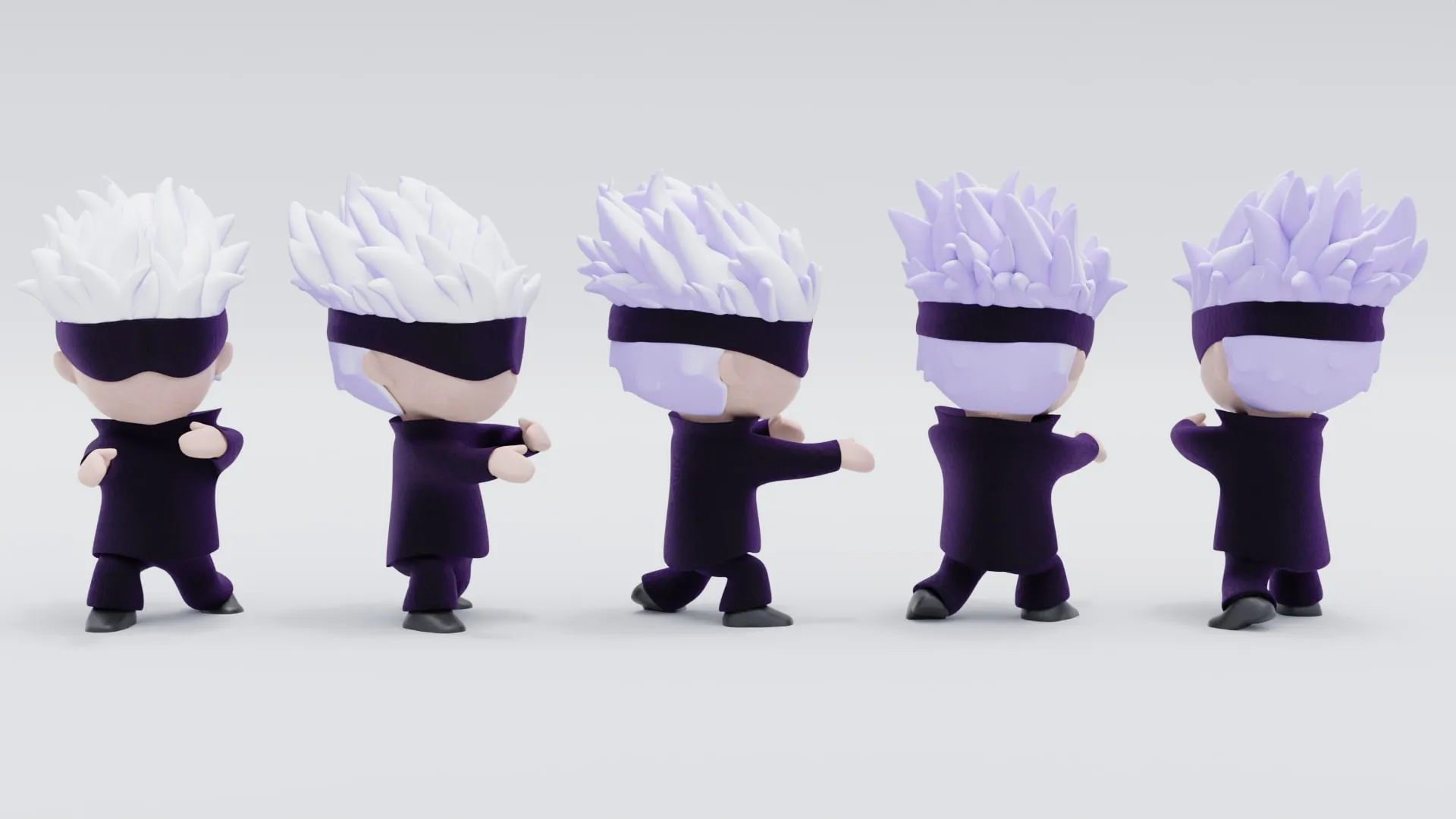 Satoru Gojo en chibi, vu sous cinq angles, bandeau noir sur les yeux et cheveux blancs en pics