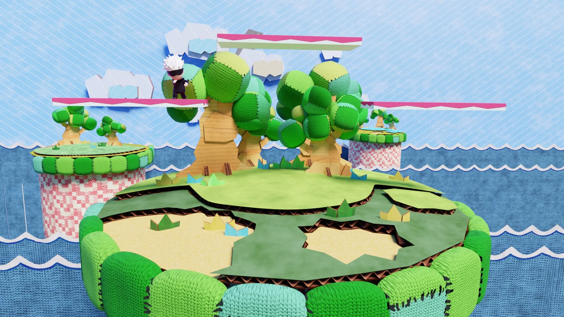 Le stage en laine et carton façon Yoshi's Story, arbres en pompons verts, Satoru Gojo minuscule sur la plateforme
