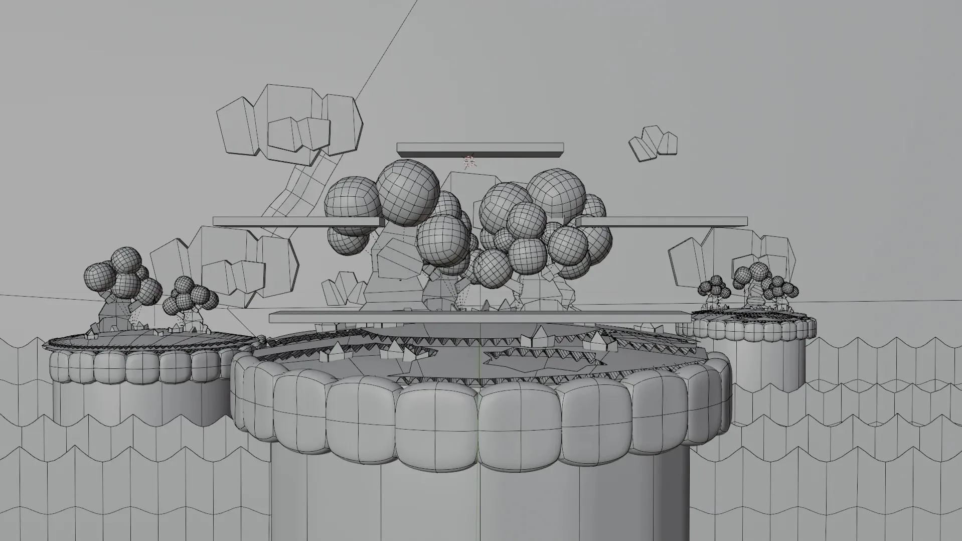 Le stage vu de face, en wireframe puis en passe d'occlusion ambiante, tout en blanc — Wireframe