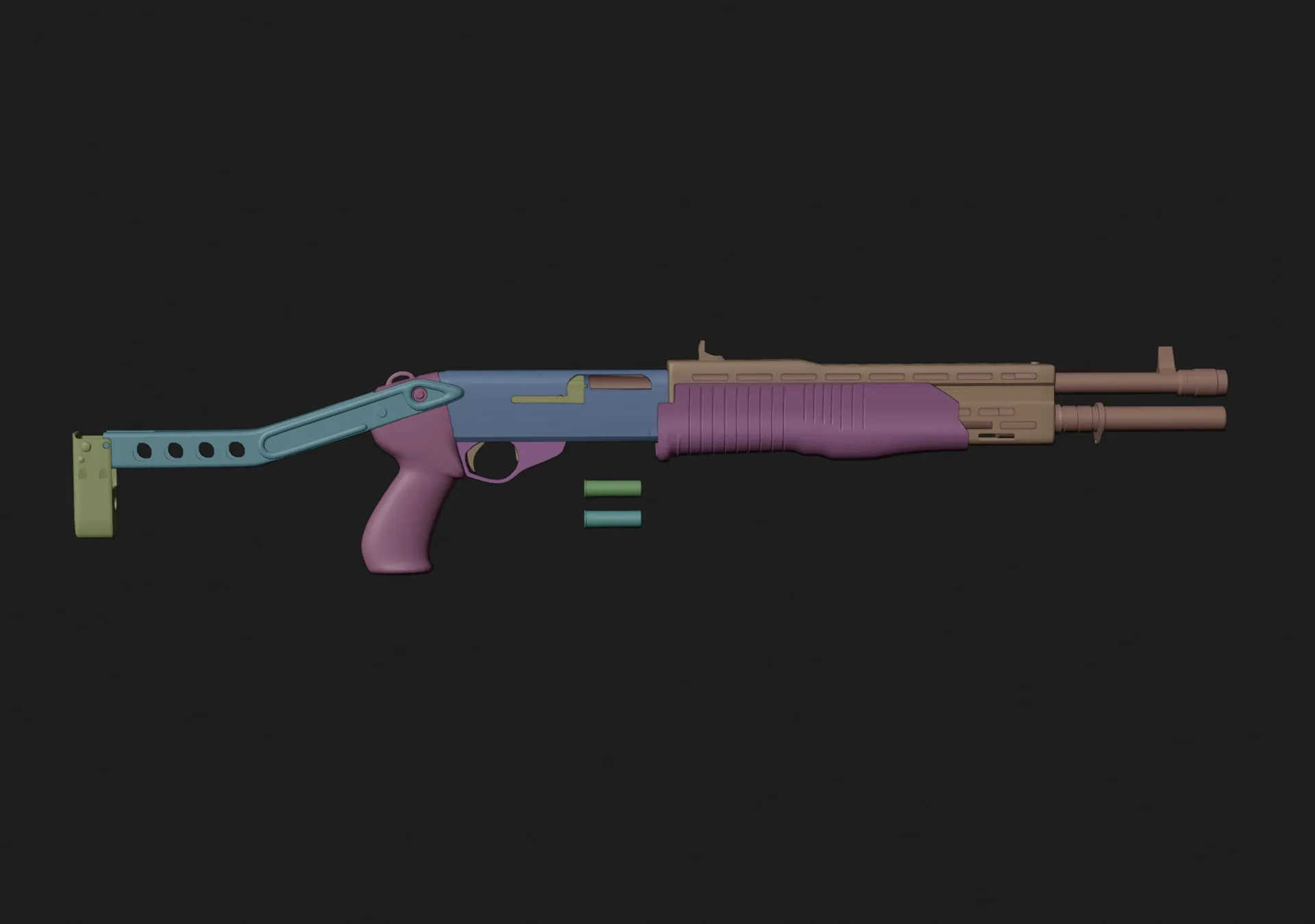 Le fusil découpé en pièces mobiles, chacune d'une couleur différente