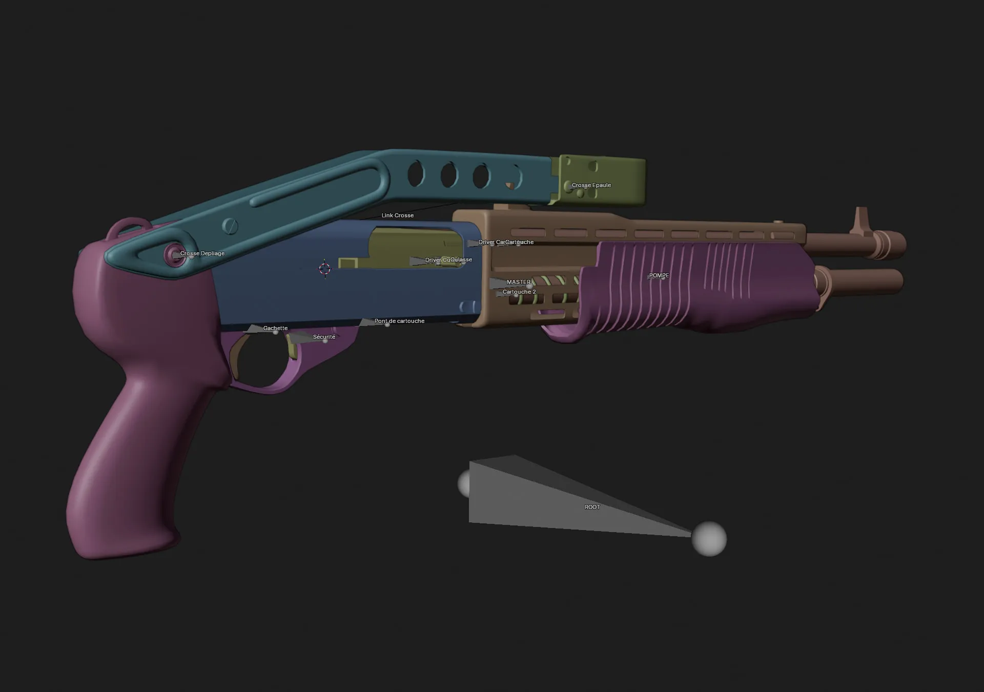 L'armature du fusil, chaque groupe d'os coloré différemment