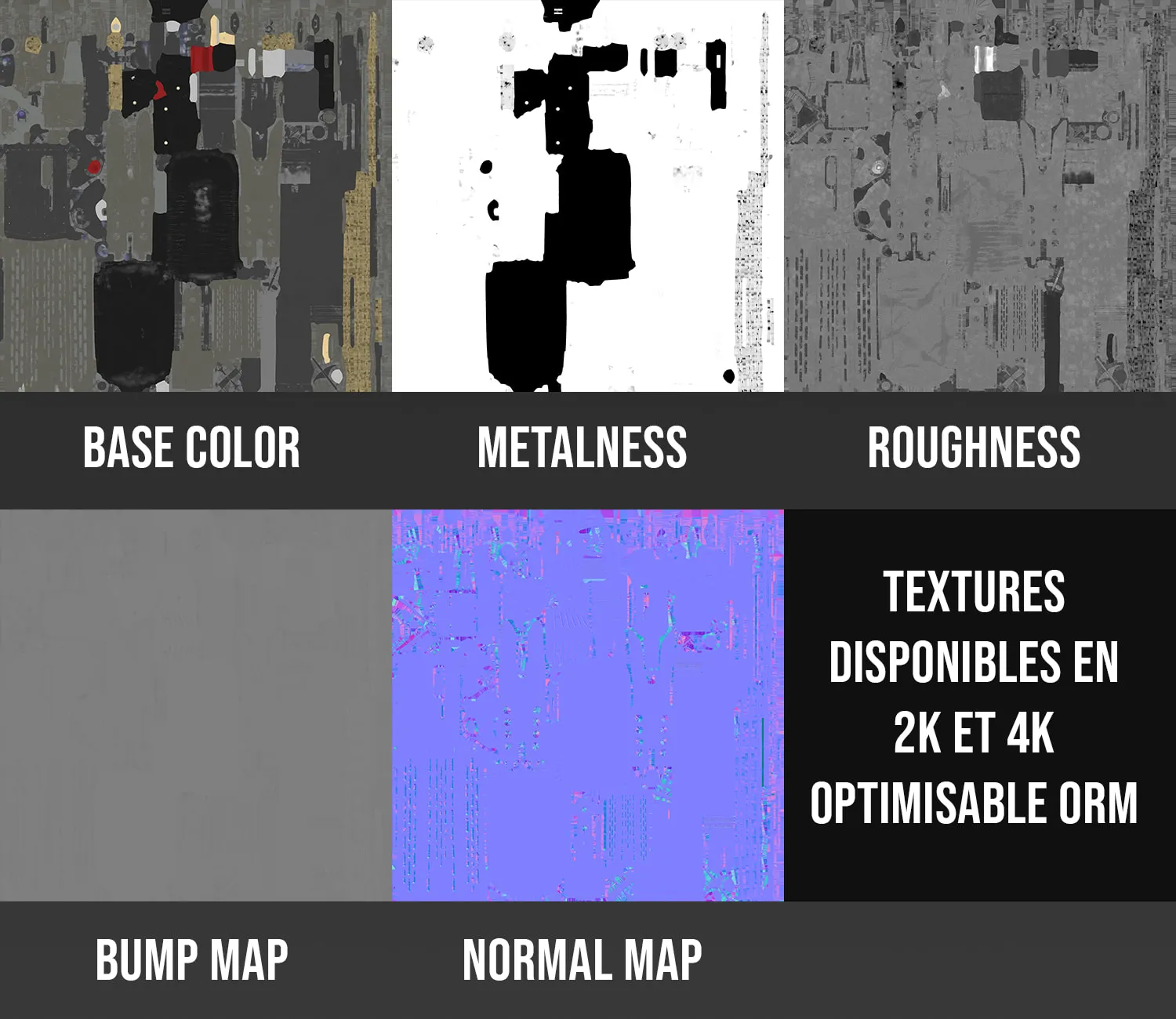 Les cartes de textures du fusil, Base Color, Metalness, Roughness, Bump et Normal