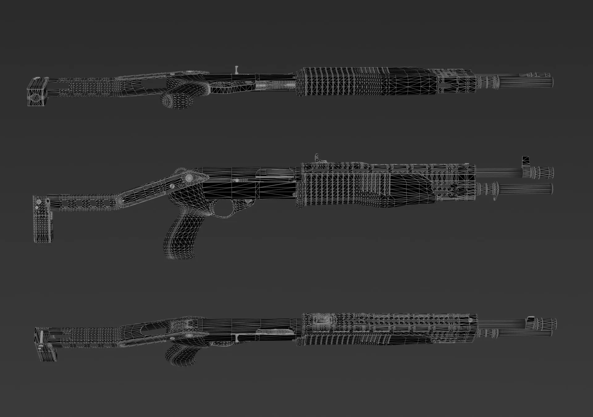 Le fusil en wireframe vu de profil, de dessus et de dessous